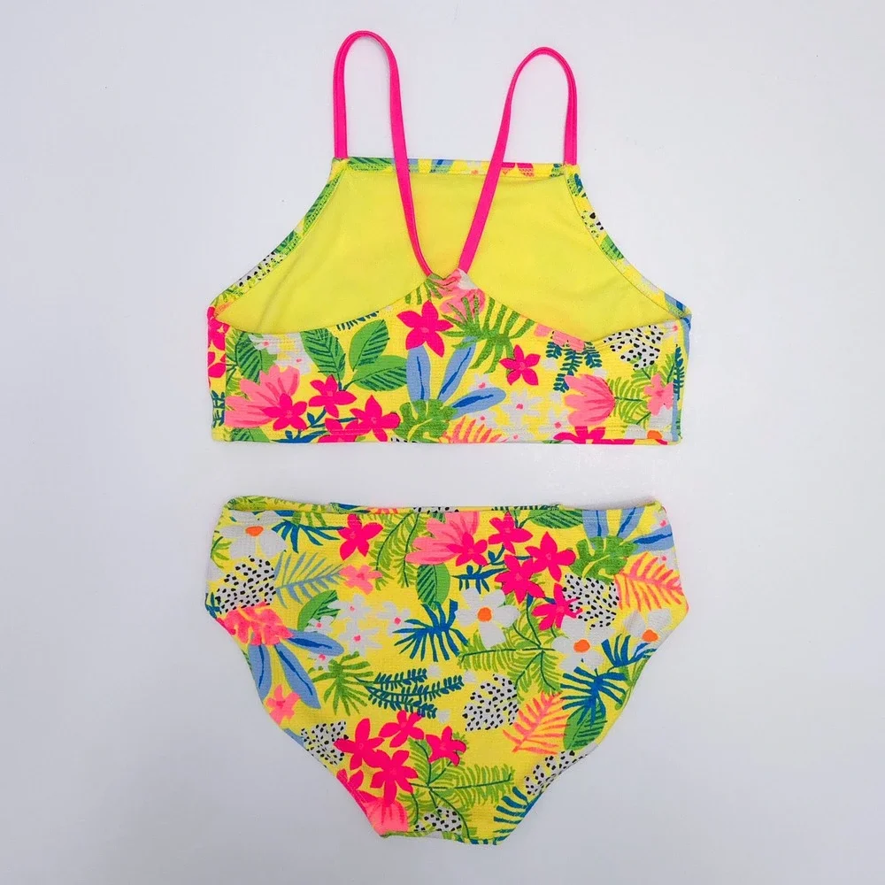 Art Class Neon‎ Yellow & Pink Floral Leaves Bikini Swimsuit Set- Girl's Kids XL